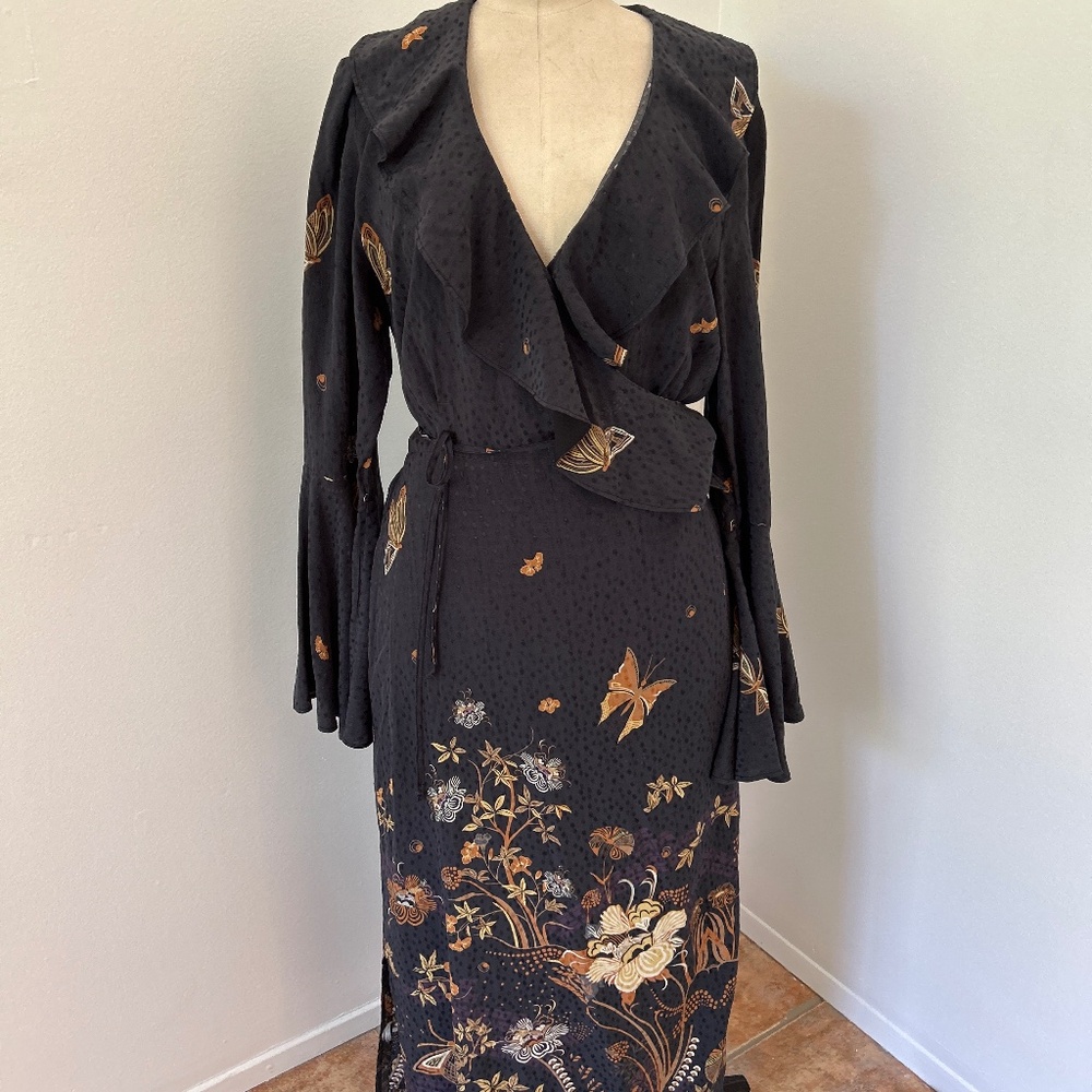 Anthropologie Chelsea 28 Black Floral Wrap Maxi Dress Medium